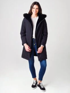 Herno Women's Straight Fitted Coat With Faux-Fur Lining And Faux-Fur Collar -Every Wear Shop GC0291DxBLACKxAlt3 17277021