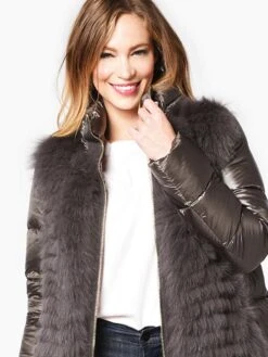 Herno Women’s Woven Half Coat With Fur -Every Wear Shop PLC031D GRIGIOalt3