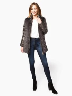 Herno Women’s Woven Half Coat With Fur -Every Wear Shop PLC031D GRIGIOalt4