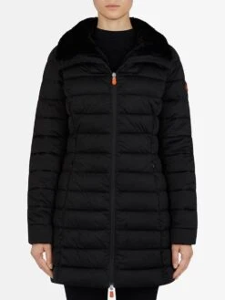 Save The Duck Women’s Sold Stand Collar Coat With Faux Fur Lining